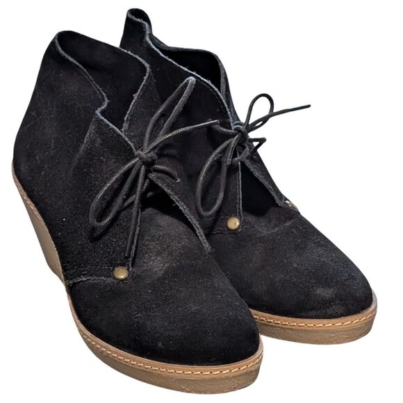 Lucky Brand June black leather suede lace up ankle bootie wedge washed casual - Picture 1 of 10